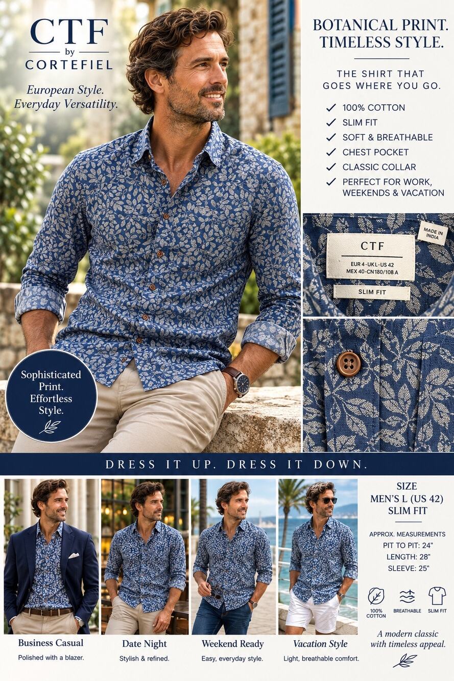 Cortefiel CTF Men’s Sz L Slim Fit Blue Botanical Floral Cotton Button Down Shirt